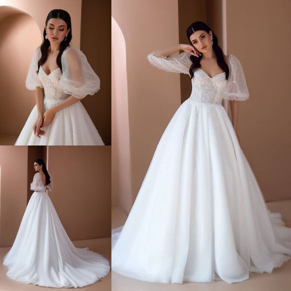 elegant backless wedding dresses v neck lace bridal gowns a line with half sleeves sweep train tulle plus size vestido de novia, White
elegant backless wedding dresses v neck lace bridal gowns a line with half sleeves sweep train tulle plus size vestido de novia, White