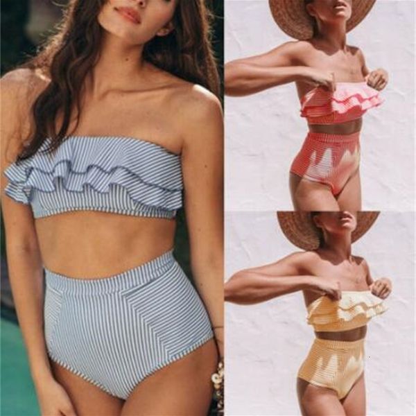 women summer swimming two piece ruffles high waist bottom bikini set ladies stripes strapless swimwear beachwear swimsuit, Black;white
women summer swimming two piece ruffles high waist bottom bikini set ladies stripes strapless swimwear beachwear swimsuit, Black;white