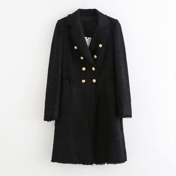 women's wool & blends spring winter warm button tweed coat mid-length straight woolen, Black
women's wool & blends spring winter warm button tweed coat mid-length straight woolen, Black