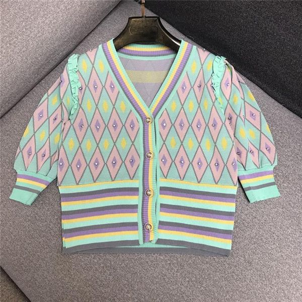 women's knits & tees designer knitted cardigan for women vintage v neck puff sleeve beadig argyle sweater, White
women's knits & tees designer knitted cardigan for women vintage v neck puff sleeve beadig argyle sweater, White