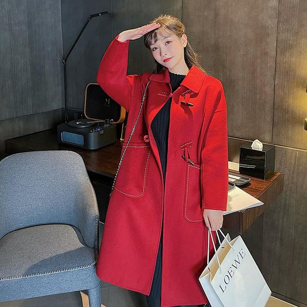 women's wool & blends casual woolen coat 2021 autumn and winter style retro horn buckle doll collar mid-length fashionable clothing, Black
women's wool & blends casual woolen coat 2021 autumn and winter style retro horn buckle doll collar mid-length fashionable clothing, Black