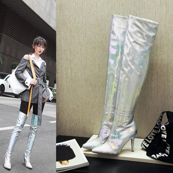boots women's silver gold wedding shoes high heels at knee-high large size small, Black