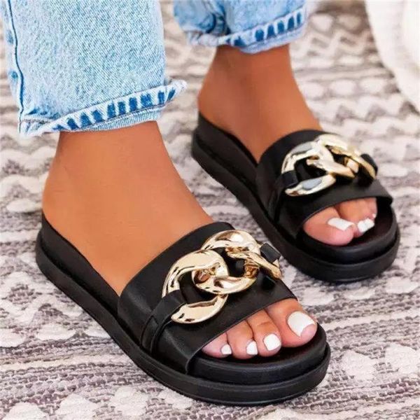 women's shoes fashion casual solid color pu metal chain decoration open toe flat heel soft and comfortable sandals 6kf102 slippers, Black
women's shoes fashion casual solid color pu metal chain decoration open toe flat heel soft and comfortable sandals 6kf102 slippers, Black