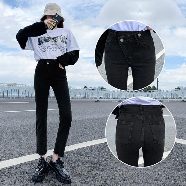 women's jeans autumn high waist straight cotton stretch oblique buckle irregular head small smoke tube ankle-length pants, Blue
women's jeans autumn high waist straight cotton stretch oblique buckle irregular head small smoke tube ankle-length pants, Blue