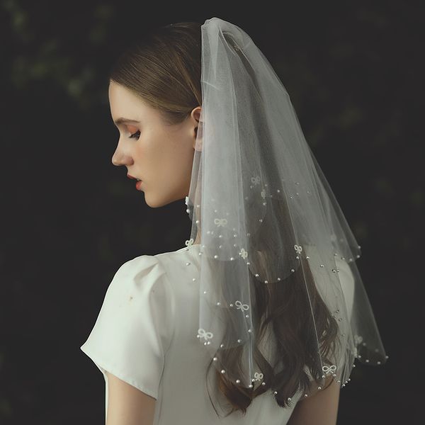 v719 delicate white wedding bridal veil two-layer soft tulle handmade pearl beading cut edge elbow length marriage bride headdress, Black
v719 delicate white wedding bridal veil two-layer soft tulle handmade pearl beading cut edge elbow length marriage bride headdress, Black