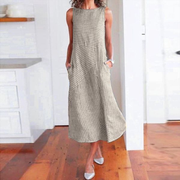 summer casual striped print sleeveless women dresses crew neck linen pocket long elegant korean mulheres vestido, Black;gray
summer casual striped print sleeveless women dresses crew neck linen pocket long elegant korean mulheres vestido, Black;gray