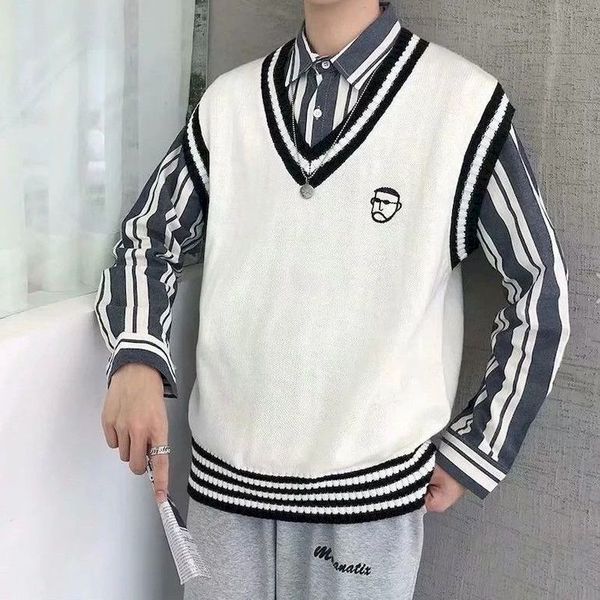 sweater vest men fashion leisure v-ne patchwork korean preppy style jumpers character embroidery students comfortable soft fit, Black
sweater vest men fashion leisure v-ne patchwork korean preppy style jumpers character embroidery students comfortable soft fit, Black