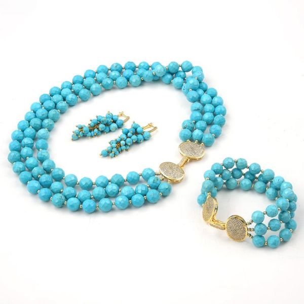 earrings & necklace 3 strands blue round faceted turquoises gems stone cz clasp bracelet sets handmade for women, Silver
earrings & necklace 3 strands blue round faceted turquoises gems stone cz clasp bracelet sets handmade for women, Silver