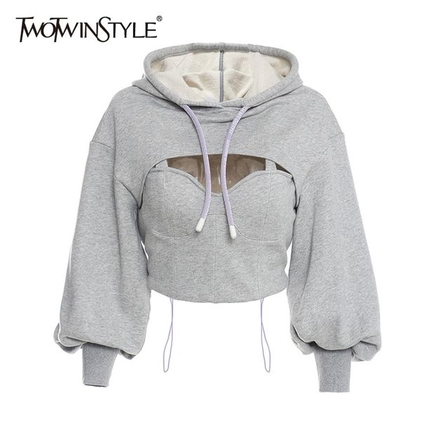 twotyle hollow out gray sweatshirt for women hooded collar long sleeve fake two casual short female fashion fall 211104, Black
twotyle hollow out gray sweatshirt for women hooded collar long sleeve fake two casual short female fashion fall 211104, Black