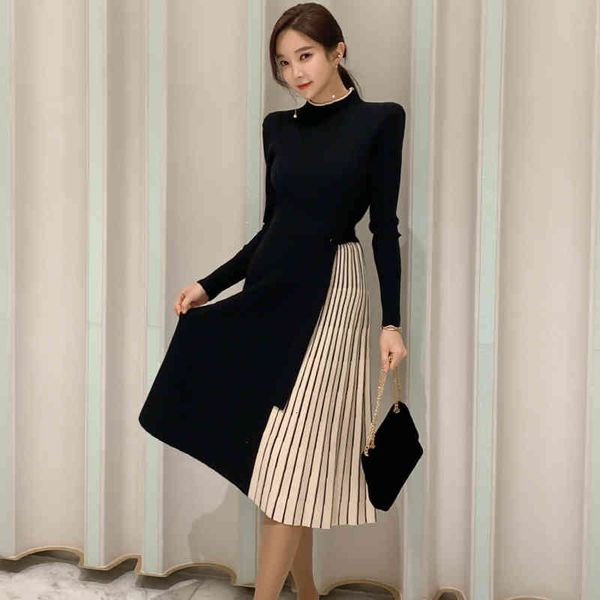 casual dresses winter urban women knitted stripes splicing mid-calf pleated ladies full sleeves slim swing middle h6j0, Black;gray 
casual dresses winter urban women knitted stripes splicing mid-calf pleated ladies full sleeves slim swing middle h6j0, Black;gray