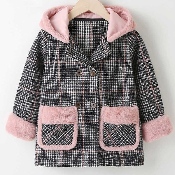 double breasted plaid lapel color matching girl's hooded cute girl's coat, Blue;gray
double breasted plaid lapel color matching girl's hooded cute girl's coat, Blue;gray