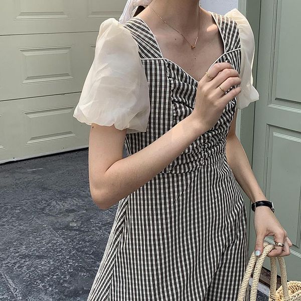 two piece dress goming french square collar women's summer bubble sleeve stitching plaid medium length skirt n455h, White
two piece dress goming french square collar women's summer bubble sleeve stitching plaid medium length skirt n455h, White
