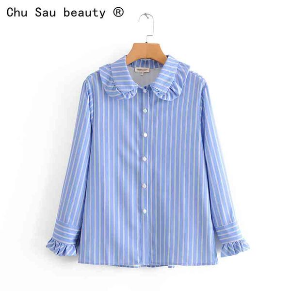 fashion vintage woman slim peter pan collar ruffled blue striped long sleeve shirt blouses chemise femme 210508, White
fashion vintage woman slim peter pan collar ruffled blue striped long sleeve shirt blouses chemise femme 210508, White