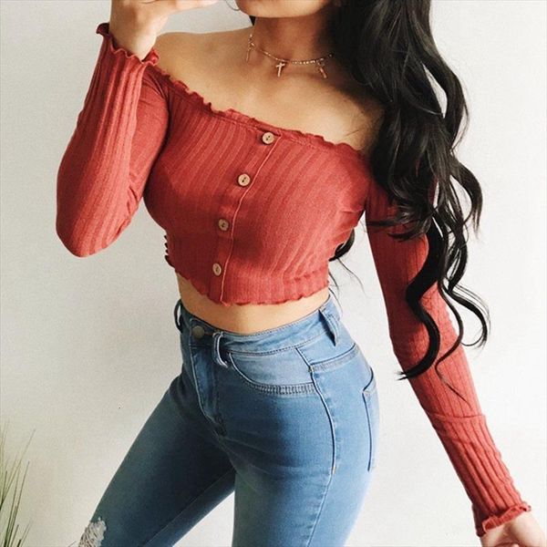 frill bardot off shoulder women t shirt jumper ribbed long sleeve crop, White