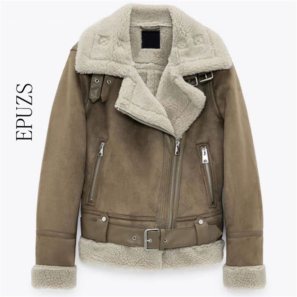 za women winter jacket thick warm vintage lambswool jackets chic sashes casual suede coat faux leather outwear 210521, Black;brown
za women winter jacket thick warm vintage lambswool jackets chic sashes casual suede coat faux leather outwear 210521, Black;brown