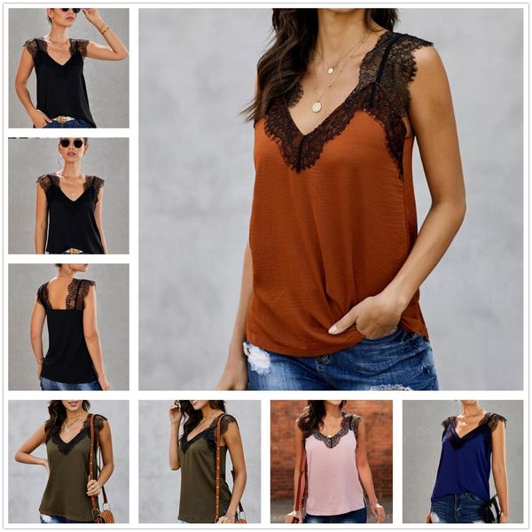 Women&#039;s shirt summer lace V-neck sleeveless splicing halter top polyester fiber Straight type Improved overworn tactical vest LC2518860
