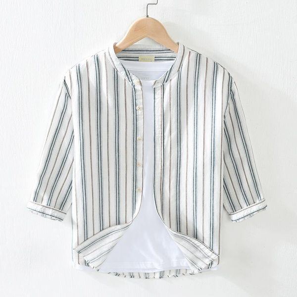 men's casual shirts summer 2021 linen three-quarter sleeve vertical striped shirt loose half stand collar small fresh, White;black
men's casual shirts summer 2021 linen three-quarter sleeve vertical striped shirt loose half stand collar small fresh, White;black