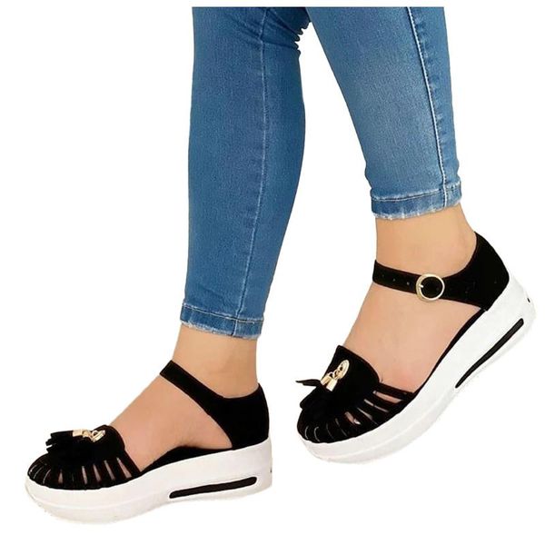 women's sandals fashion wedge fringe buckle strap ladies cusual solid shoes loafers sandalias mujer, Black
women's sandals fashion wedge fringe buckle strap ladies cusual solid shoes loafers sandalias mujer, Black