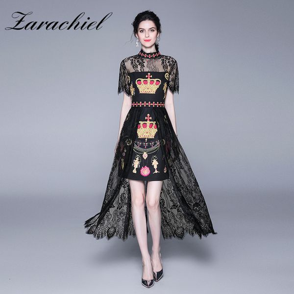 dresses runway designer summer women luxury crown print lace patchwork vintage elegant high-low short sleeve long, Black;gray
dresses runway designer summer women luxury crown print lace patchwork vintage elegant high-low short sleeve long, Black;gray