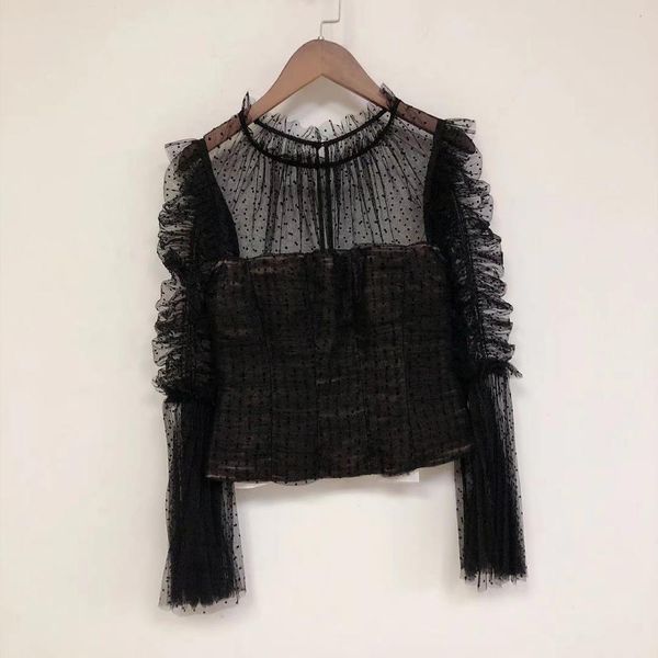 suit see-through mesh stitching blouse women black flare sleeve lace stand collar 2021 spring summer shirt, White;black
suit see-through mesh stitching blouse women black flare sleeve lace stand collar 2021 spring summer shirt, White;black
