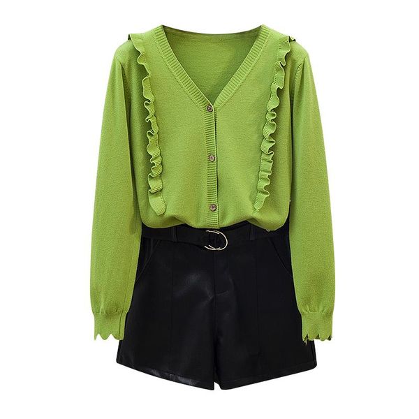 two piece dress avocado green ruffled sweaters autumn v-neck sweater coat pu leather black shorts women outfit knitwear leisure lady casual, White
two piece dress avocado green ruffled sweaters autumn v-neck sweater coat pu leather black shorts women outfit knitwear leisure lady casual, White