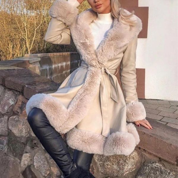 women's leather & faux pu jackets women fashion tie belt waist long coats elegant solid fur female ladies, Black
women's leather & faux pu jackets women fashion tie belt waist long coats elegant solid fur female ladies, Black