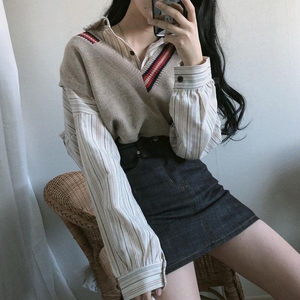 two piece dress sets of women's pieces striped shirts with single-breasted neckline and sweater vest chic korean style waistcoat ulzzin, White
two piece dress sets of women's pieces striped shirts with single-breasted neckline and sweater vest chic korean style waistcoat ulzzin, White