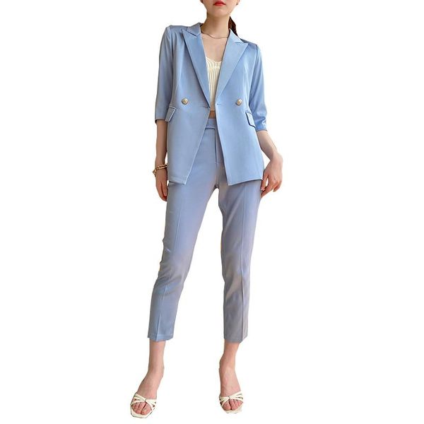women's two piece pants blazer suit sky blue pant ladies casual and pencil femme high street wear, White
women's two piece pants blazer suit sky blue pant ladies casual and pencil femme high street wear, White