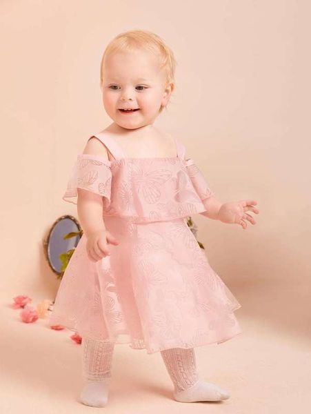 baby butterfly jacquard cold shoulder dress she, Red;yellow