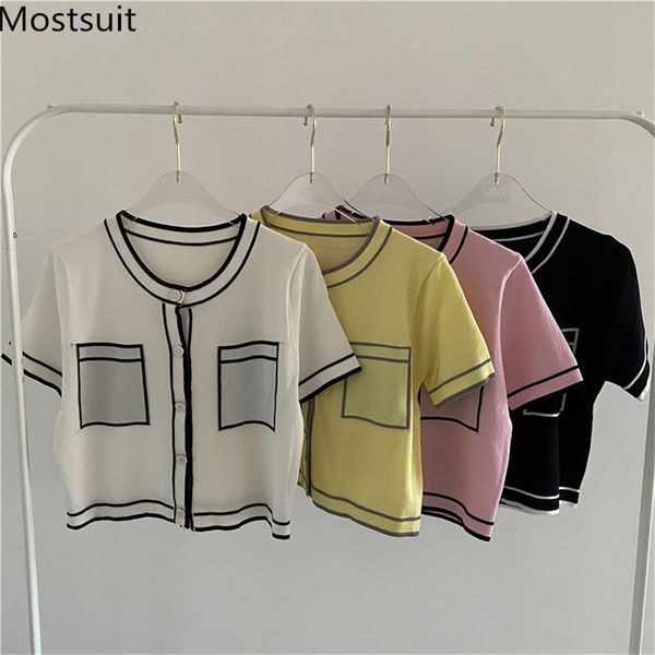 color-blocked vintage knitted cardigan knitwear women summer short sleeve o-neck single breasted pockets korean jumper 210513, White;black
color-blocked vintage knitted cardigan knitwear women summer short sleeve o-neck single breasted pockets korean jumper 210513, White;black