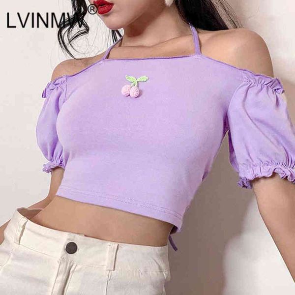 women's t-shirt lvinmw halter back cross lace up cherry labeling puff sleeve slash neck crop summer women cute harajuku s, White
women's t-shirt lvinmw halter back cross lace up cherry labeling puff sleeve slash neck crop summer women cute harajuku s, White