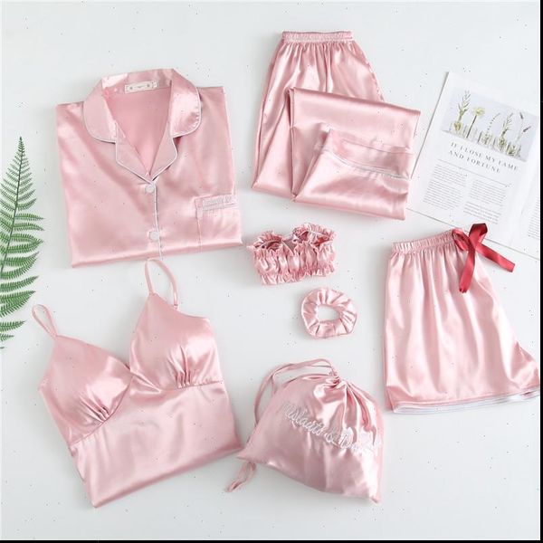 7 pieces faux silk stain womens sleepwears pajamas sets with chest pad pyjama sling shorts long sleeve pants sleepwear, Black;red
7 pieces faux silk stain womens sleepwears pajamas sets with chest pad pyjama sling shorts long sleeve pants sleepwear, Black;red