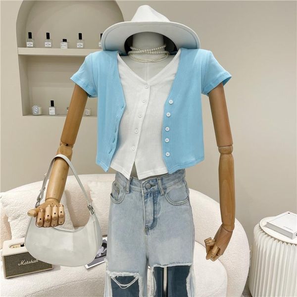 women's t-shirt clothing spring summer 2021 fake two pieces v-neck cardigan irregular double breasted short sleeve top, White
women's t-shirt clothing spring summer 2021 fake two pieces v-neck cardigan irregular double breasted short sleeve top, White