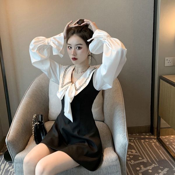 spring autumn women's long-sleeved dress fashion sweet peter pan collar high waist a-line female gd500 210506, Black;gray 
spring autumn women's long-sleeved dress fashion sweet peter pan collar high waist a-line female gd500 210506, Black;gray