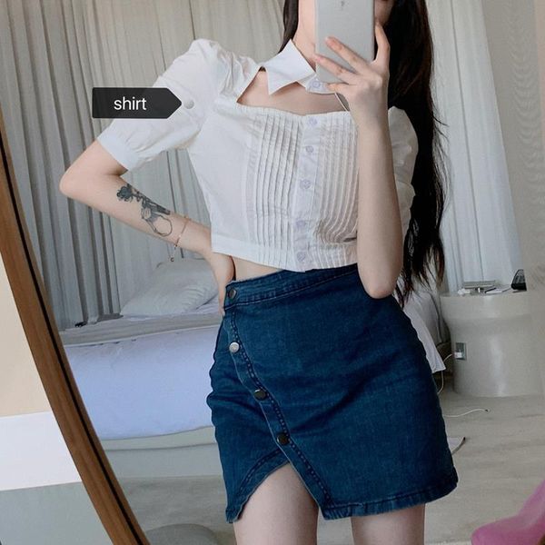 korean style all over solid color women blouse square collar short sleeve puff 210510, White 
korean style all over solid color women blouse square collar short sleeve puff 210510, White