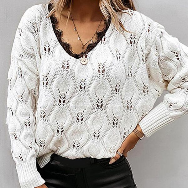 women's sweaters lady pullover sweater women patchwork lace hollow out knitted v-neck long sleeve casual 2021 fall winter female jumper, White;black
women's sweaters lady pullover sweater women patchwork lace hollow out knitted v-neck long sleeve casual 2021 fall winter female jumper, White;black