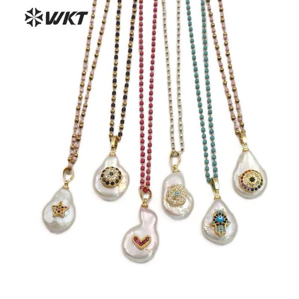 pendant necklaces wt-mn952 natural freshwater pearl&cz pave necklace irregular shape pearl with heart& evil eye&crescent& hamas charm, Silver
pendant necklaces wt-mn952 natural freshwater pearl&cz pave necklace irregular shape pearl with heart& evil eye&crescent& hamas charm, Silver