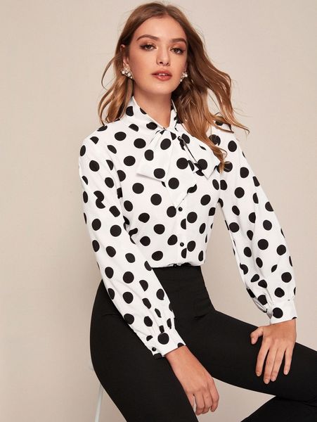 tie neck polka dot button up blouse q3bo#, White