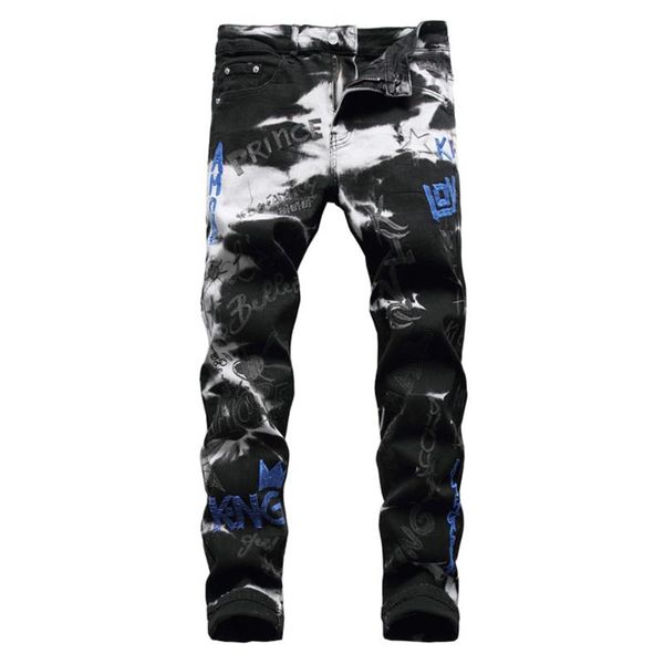 men's jeans letters embroidery black stretch denim embroidered pencil pants trousers, Blue
men's jeans letters embroidery black stretch denim embroidered pencil pants trousers, Blue