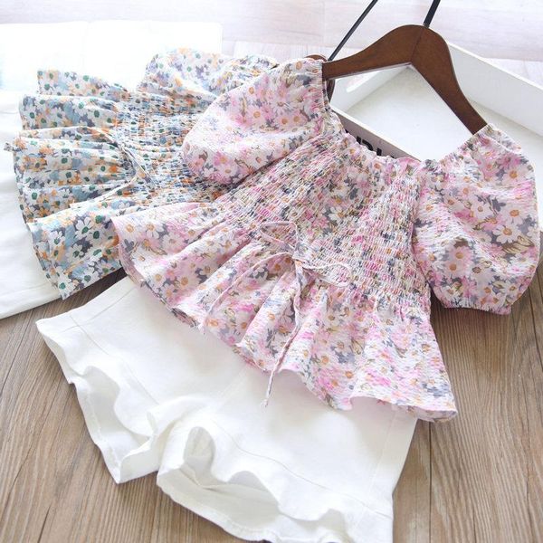 clothing sets summer baby girls flower short sleeve shirt + embroidered shorts, White