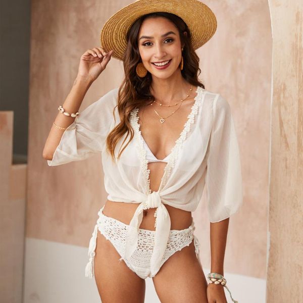 women's swimwear summer 2021 sun protection white crop mujer see through beach shirt lacework cardigan chiffon cover ups for women, White;black
women's swimwear summer 2021 sun protection white crop mujer see through beach shirt lacework cardigan chiffon cover ups for women, White;black