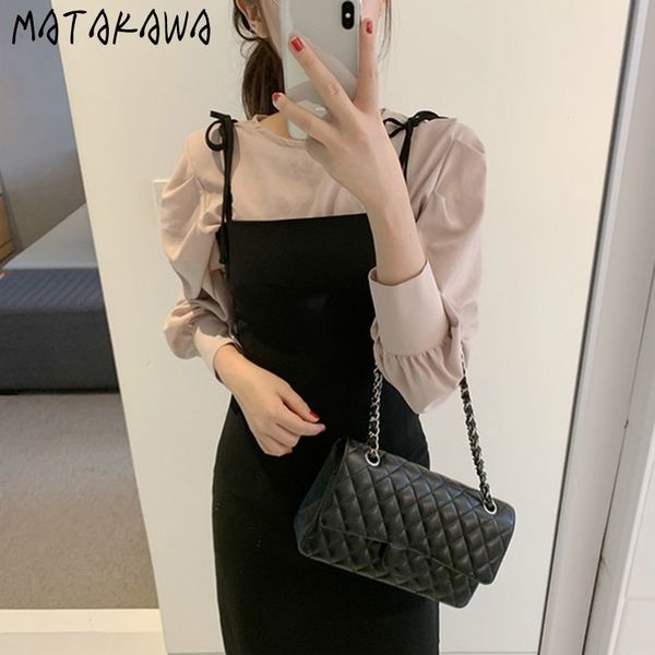 matakawa women two piece outfits korea chic minimalist round neck solid color puff sleeve blouses + thin waist strap dress 210407, White
matakawa women two piece outfits korea chic minimalist round neck solid color puff sleeve blouses + thin waist strap dress 210407, White