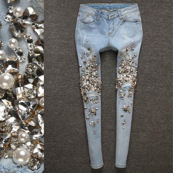 women's jeans 2021 spring ripped ankle length handmade diamonds crystal holes pencil bling pants women skinny, Blue
women's jeans 2021 spring ripped ankle length handmade diamonds crystal holes pencil bling pants women skinny, Blue