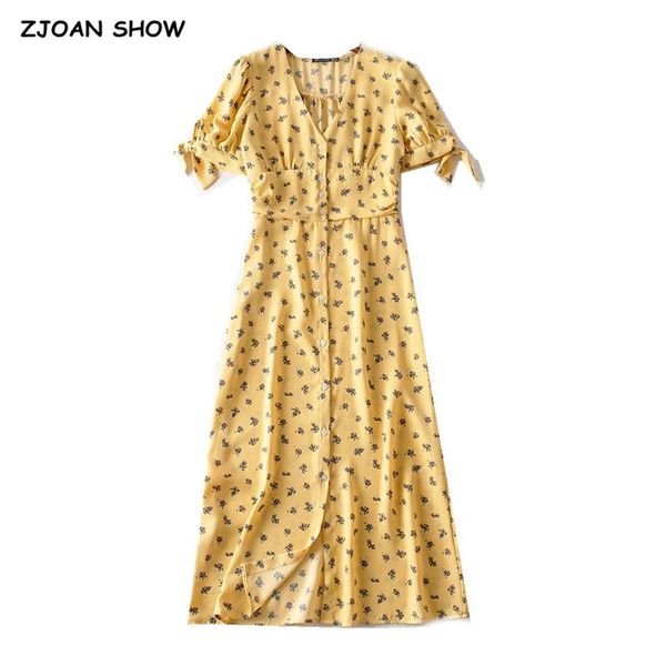 party dresses elegant french women v neck yellow color floral print dress summer single-breasted button up shirt slit vestido, White;black
party dresses elegant french women v neck yellow color floral print dress summer single-breasted button up shirt slit vestido, White;black