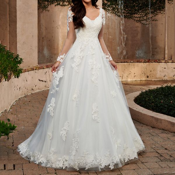 stunning long sleeves wedding dress court train bridal gowns sheer with floral applique open back layers tulle, White
stunning long sleeves wedding dress court train bridal gowns sheer with floral applique open back layers tulle, White