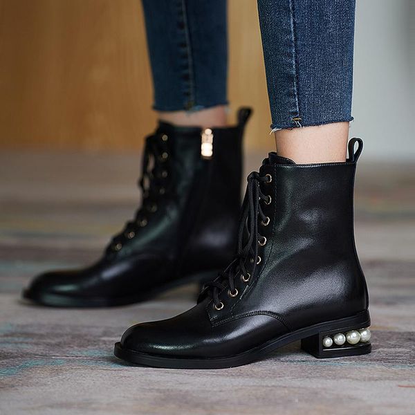 boots leather style british lace-up women thick heel cowhide pearl round toe short dsl808, Black
boots leather style british lace-up women thick heel cowhide pearl round toe short dsl808, Black