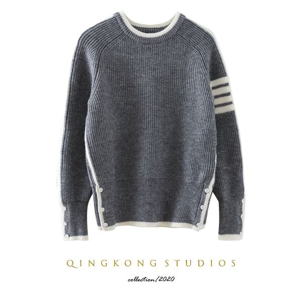men's and women's autumn winter 2021 new round neck four bar loose knit collar contrast stripe thick versatile sweater women, White;black
men's and women's autumn winter 2021 new round neck four bar loose knit collar contrast stripe thick versatile sweater women, White;black
