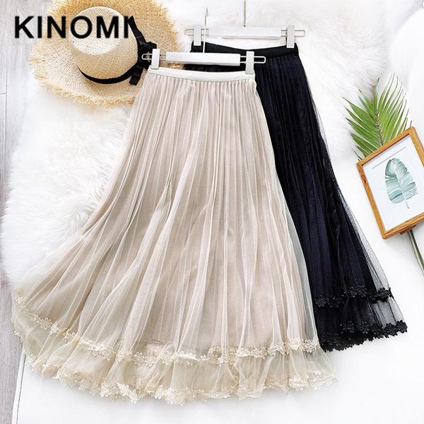 skirts kinomi 2021 spring summer elegant lace patchwork tulle pleated skirt women fashion korean style high waist long female, Black 
skirts kinomi 2021 spring summer elegant lace patchwork tulle pleated skirt women fashion korean style high waist long female, Black