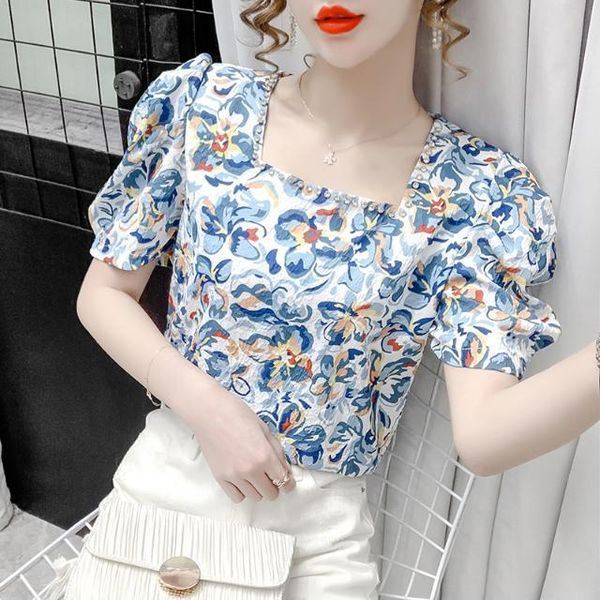 women's blouses & shirts summer trendy puff sleeve heavy industry beaded square collar floral short design shirt female, White
women's blouses & shirts summer trendy puff sleeve heavy industry beaded square collar floral short design shirt female, White