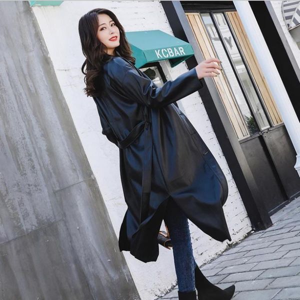 women's leather & faux autumn winter pu long jackets female sleeve good quality sashes slim women single breasted gx1713, Black
women's leather & faux autumn winter pu long jackets female sleeve good quality sashes slim women single breasted gx1713, Black
